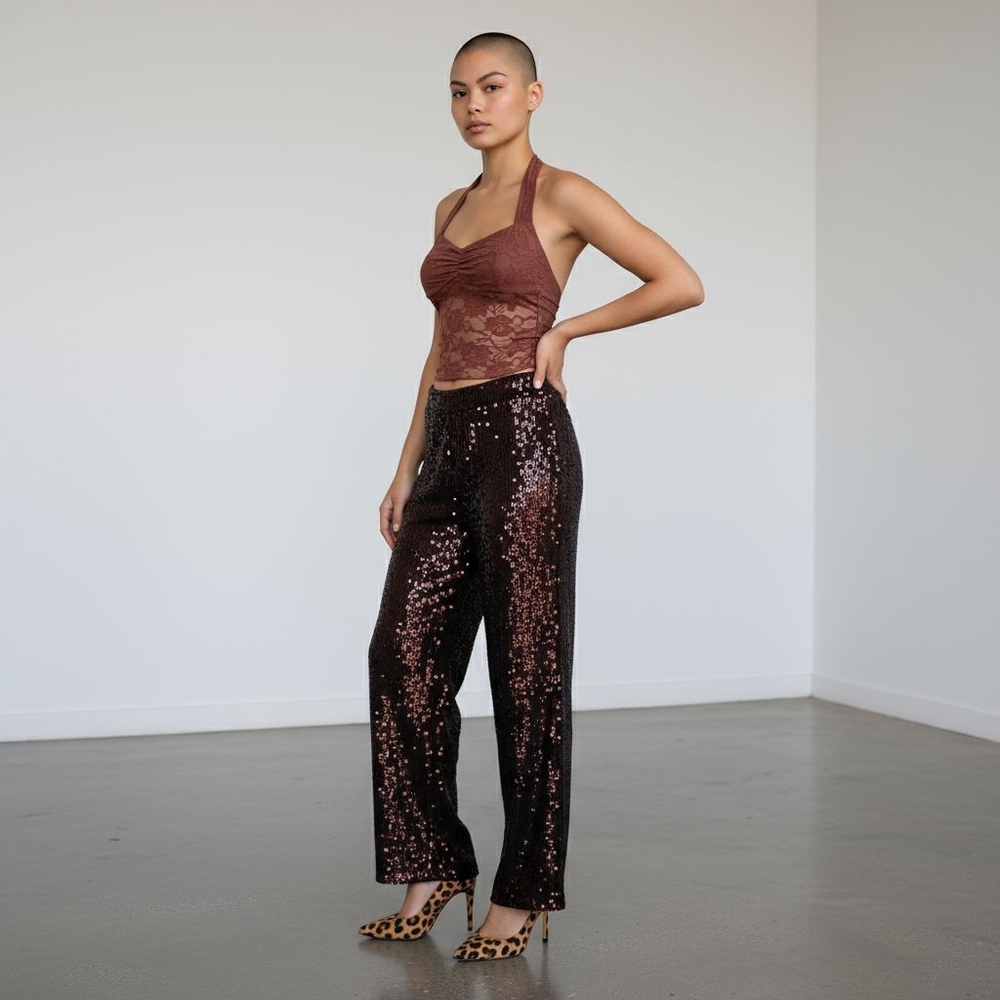 Express Brown Flip Sequins Pants Size 6 Stretch Straight Leg Holiday Party NYE